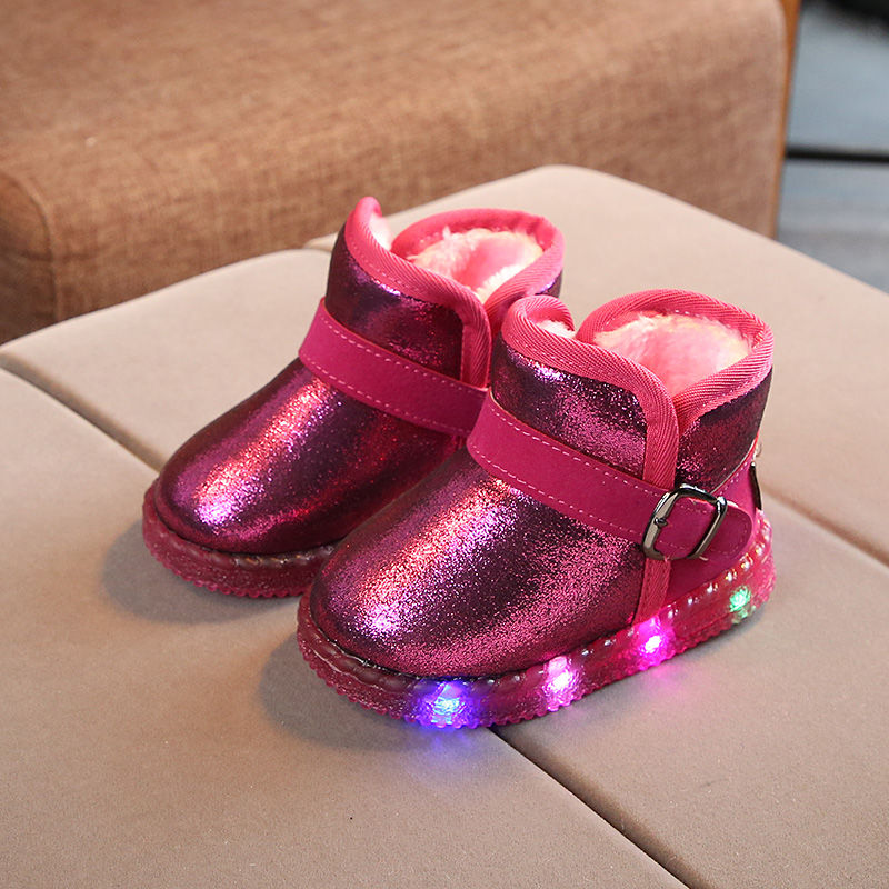 Children PU Boots Shoes Children Baby BOy Girls LED Light Up Boot Luminous Sneakers Winter Warm Snow Boot for Kid  fur boots