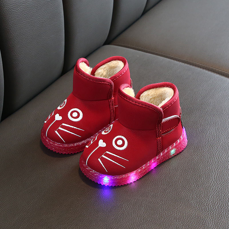 Children PU Boots Shoes Children Baby BOy Girls LED Light Up Boot Luminous Sneakers Winter Warm Snow Boot for Kid  fur boots