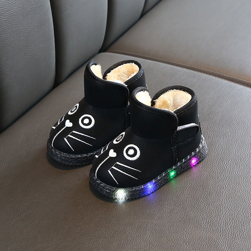 Children PU Boots Shoes Children Baby BOy Girls LED Light Up Boot Luminous Sneakers Winter Warm Snow Boot for Kid  fur boots